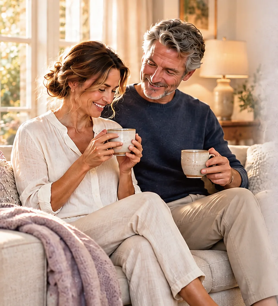 Couple partageant un moment autour d'une tasse dans un salon lumineux
