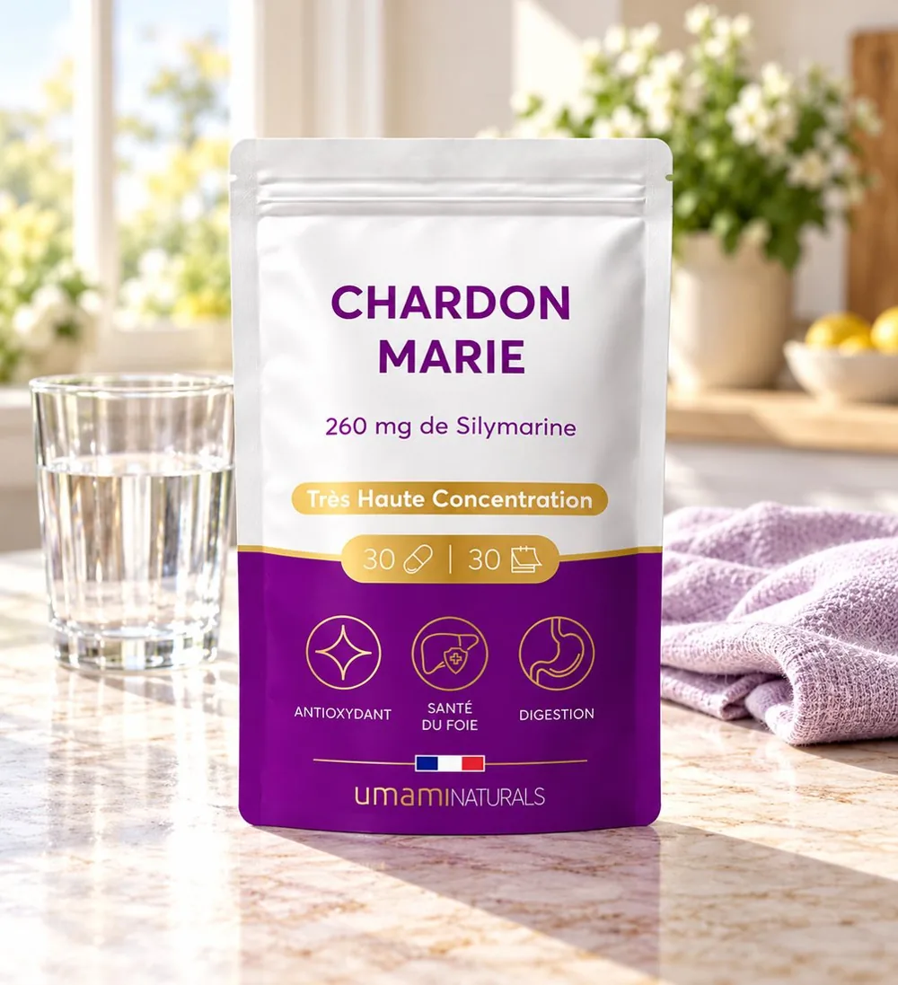 Sachet Chardon-Marie Umami Naturals dans une cuisine lumineuse