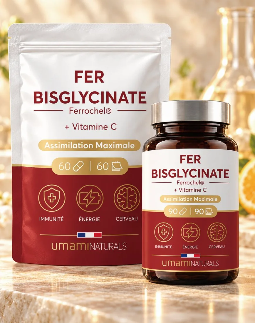 Fer bisglycinate Umami Naturals, sachet et pilulier