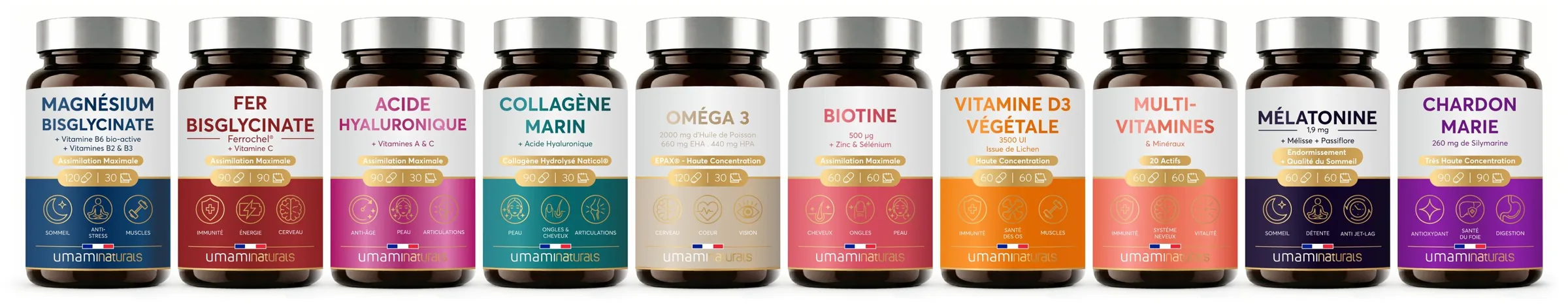 La gamme Umami Naturals : Magnésium bisglycinate, Fer bisglycinate, Acide hyaluronique, Collagène marin, Oméga 3, Biotine, Vitamine D3 végétale, Multivitamines, Mélatonine et Chardon-Marie