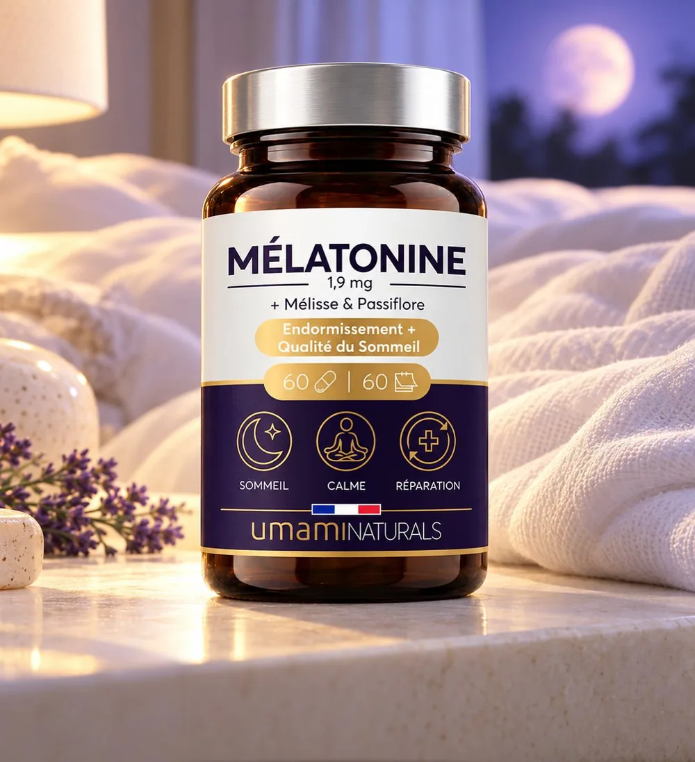 Pilulier Mélatonine Umami Naturals sur une table de chevet